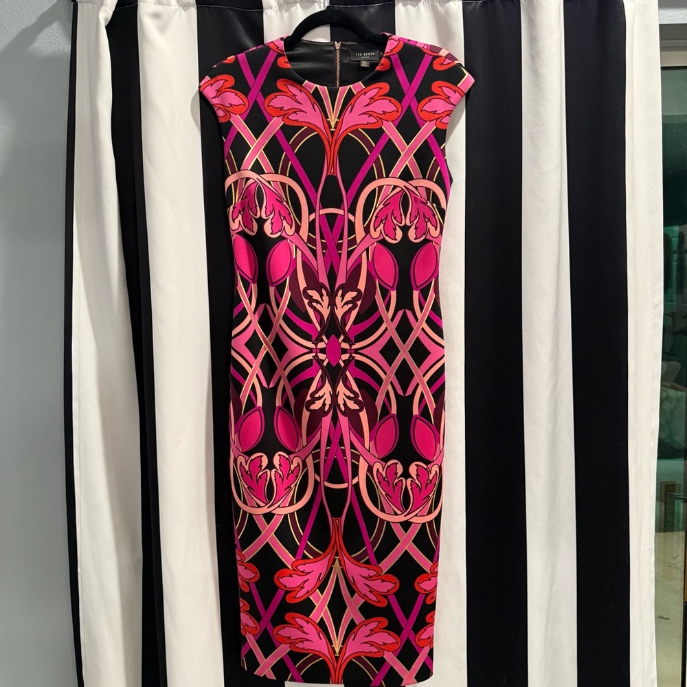 Ted Baker Black Pink Red Patterned Midi Dress